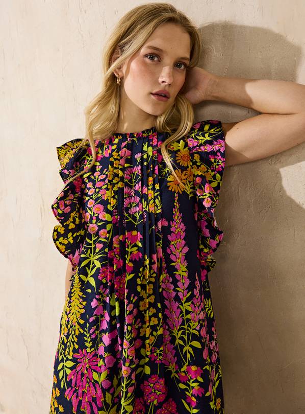 EVERBELLE Navy Floral Frill Pintuck Smock Dress 18
